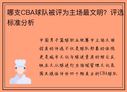 哪支CBA球队被评为主场最文明？评选标准分析