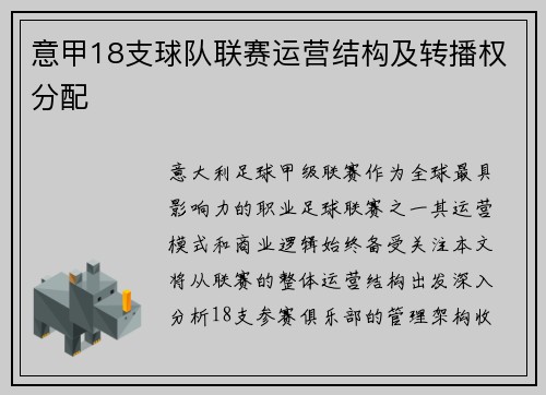 意甲18支球队联赛运营结构及转播权分配