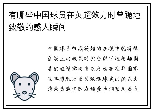 有哪些中国球员在英超效力时曾跪地致敬的感人瞬间